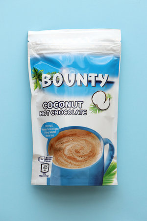 KYIV, UKRAINE - AUGUST 17, 2024 Bounty hot chocolate product powder pack with original logo close up