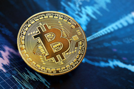 KYIV, UKRAINE - AUGUST 17, 2024 Bitcoin BTC coin on abstract fictional cryptocurrency trading chart in blue color close upのeditorial素材