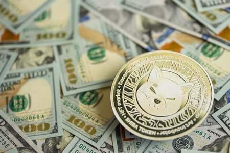 KYIV, UKRAINE - AUGUST 17, 2024 Shiba coin on big amount of hundred US dollar bills close upのeditorial素材