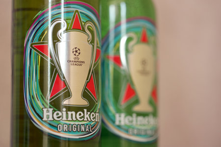 KYIV, UKRAINE - JULY 10, 2024 Bottle of Heineken beer close up. Special edition for UEFA European Championship League. Heineken Lager Beer is the flagship product of Heineken Internationalのeditorial素材