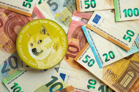 KYIV, UKRAINE - AUGUST 17, 2024 DOGE Meme coin with big amount of european euro bills close upのeditorial素材