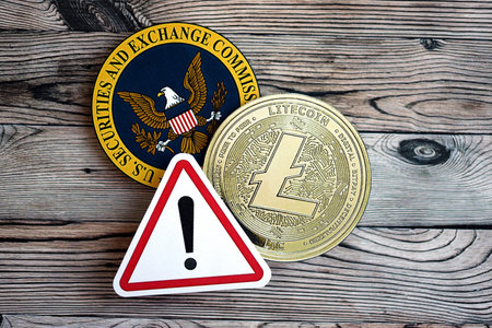 KYIV, UKRAINE - AUGUST 17, 2024 Litecoin LTC coin and red paper attention sign with Securities and Exchange Commission on wooden background close upのeditorial素材