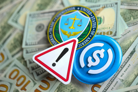 KYIV, UKRAINE - AUGUST 17, 2024 USDC stable coin and US Federal Trade Commission sign on many USD dollar money bills close upのeditorial素材