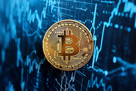 KYIV, UKRAINE - AUGUST 17, 2024 Bitcoin BTC coin on abstract fictional cryptocurrency trading chart in blue color close upのeditorial素材
