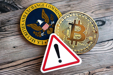 KYIV, UKRAINE - AUGUST 17, 2024 Bitcoin BTC coin and red paper attention sign with Securities and Exchange Commission on wooden background close upのeditorial素材