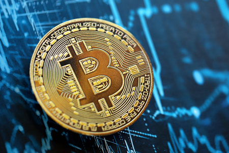 KYIV, UKRAINE - AUGUST 17, 2024 Bitcoin BTC coin on abstract fictional cryptocurrency trading chart in blue color close upのeditorial素材