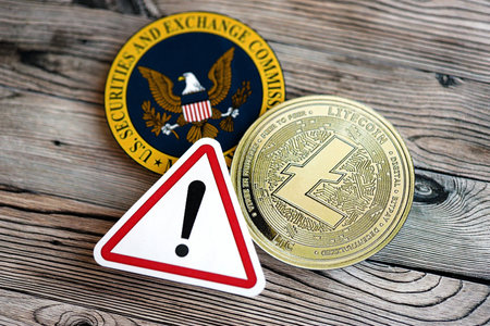 KYIV, UKRAINE - AUGUST 17, 2024 Litecoin LTC coin and red paper attention sign with Securities and Exchange Commission on wooden background close upのeditorial素材