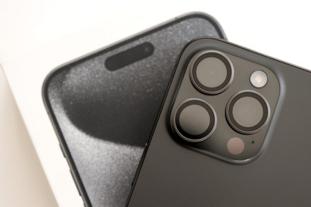 KYIV, UKRAINE - AUGUST 17, 2024 Apple Iphone 15 pro max smartphone product from famous Apple corporation manufacturer close upのeditorial素材