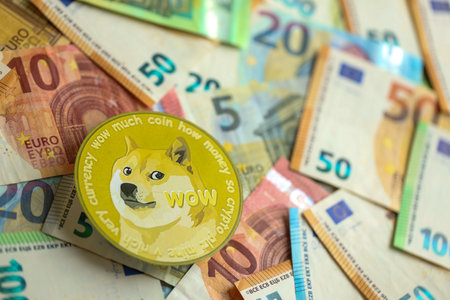 KYIV, UKRAINE - AUGUST 17, 2024 DOGE Meme coin with big amount of european euro bills close upのeditorial素材