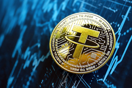KYIV, UKRAINE - AUGUST 17, 2024 Tether USDT coin on abstract fictional cryptocurrency trading chart in blue color close upのeditorial素材