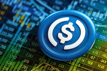 KYIV, UKRAINE - AUGUST 17, 2024 USDC stable coin on cryptocurrency trading chart with calculations in different colors close upのeditorial素材