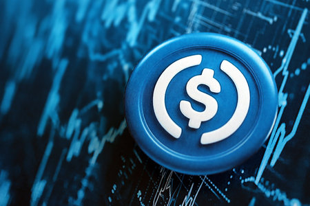 KYIV, UKRAINE - AUGUST 17, 2024 USDC stable coin on abstract fictional cryptocurrency trading chart in blue color close upのeditorial素材
