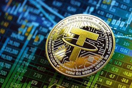 KYIV, UKRAINE - AUGUST 17, 2024 Tether USDT coin on cryptocurrency trading chart with calculations in different colors close upのeditorial素材