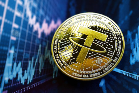 KYIV, UKRAINE - AUGUST 17, 2024 Tether USDT coin on abstract fictional cryptocurrency trading chart in blue color close upのeditorial素材