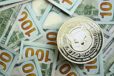 KYIV, UKRAINE - AUGUST 17, 2024 Shiba coin on big amount of hundred US dollar bills close upのeditorial素材