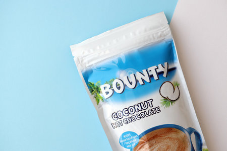KYIV, UKRAINE - AUGUST 17, 2024 Bounty hot chocolate product powder pack with original logo close upのeditorial素材