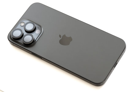 KYIV, UKRAINE - AUGUST 17, 2024 Apple Iphone 15 pro max smartphone product from famous Apple corporation manufacturer close upのeditorial素材
