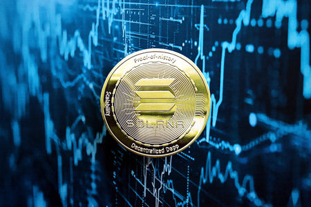 KYIV, UKRAINE - AUGUST 17, 2024 Solana SOL coin on abstract fictional cryptocurrency trading chart in blue color close upのeditorial素材