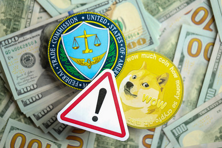 KYIV, UKRAINE - AUGUST 17, 2024 DOGE Meme coin and US Federal Trade Commission sign on many USD dollar money bills close upのeditorial素材
