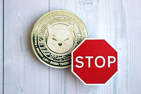 KYIV, UKRAINE - AUGUST 17, 2024 Shiba coin and red paper stop sign on wooden background close upのeditorial素材