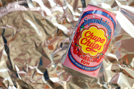 KYIV, UKRAINE - AUGUST 17, 2024 Chupa Chups bubble gum soft drink aluminium tin can with original logo close upのeditorial素材