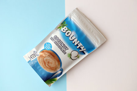 KYIV, UKRAINE - AUGUST 17, 2024 Bounty hot chocolate product powder pack with original logo close upのeditorial素材