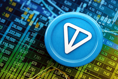KYIV, UKRAINE - AUGUST 17, 2024 Telegram TON coin on cryptocurrency trading chart with calculations in different colors close upのeditorial素材