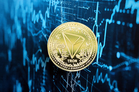KYIV, UKRAINE - AUGUST 17, 2024 TRON Coin on abstract fictional cryptocurrency trading chart in blue color close upのeditorial素材