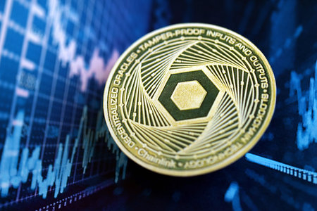 KYIV, UKRAINE - AUGUST 17, 2024 Chainlink LINK coin on abstract fictional cryptocurrency trading chart in blue color close upのeditorial素材