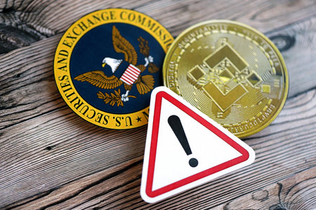 KYIV, UKRAINE - AUGUST 17, 2024 Binance BNB coin and red paper attention sign with Securities and Exchange Commission on wooden background close upのeditorial素材