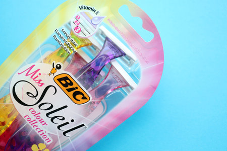 KYIV, UKRAINE - JUNE 26, 2024 Bic Miss Soleil colour collection safety blade razor for shaving on paper background close upのeditorial素材