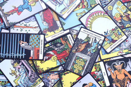 KYIV, UKRAINE - JULY 10, 2024 Tarot minor and major arcana cards of Rider Waite esoteric deck. Many tarot cards for fortune telling and esoteric actions close upのeditorial素材