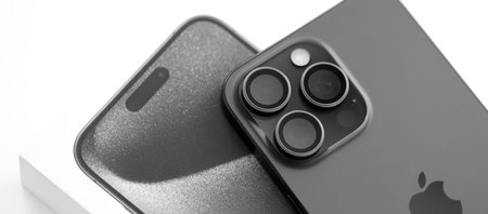 KYIV, UKRAINE - AUGUST 17, 2024 Apple Iphone 15 pro max smartphone product from famous Apple corporation manufacturer close upのeditorial素材