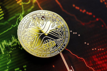 KYIV, UKRAINE - AUGUST 17, 2024 Ripple XRP Coin on dark cryptocurrency digital trading chart in green and red colors close upのeditorial素材