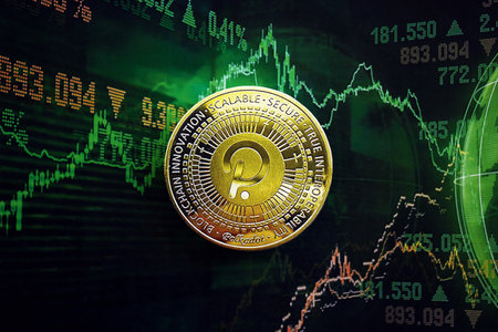 KYIV, UKRAINE - AUGUST 17, 2024 PolkaDot coin on dark cryptocurrency digital trading chart in green colors close upのeditorial素材