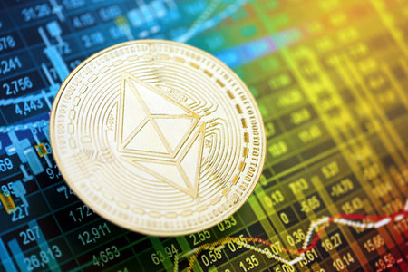 KYIV, UKRAINE - AUGUST 17, 2024 Ethereum ETH coin on cryptocurrency trading chart with calculations in different colors close upのeditorial素材