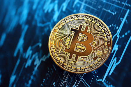 KYIV, UKRAINE - AUGUST 17, 2024 Bitcoin BTC coin on abstract fictional cryptocurrency trading chart in blue color close upのeditorial素材
