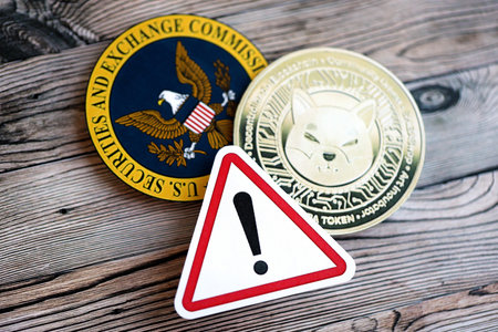 KYIV, UKRAINE - AUGUST 17, 2024 Shiba coin and red paper attention sign with Securities and Exchange Commission on wooden background close upのeditorial素材