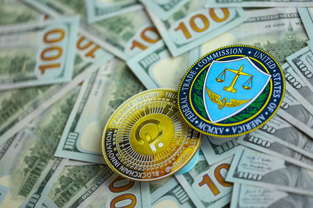 KYIV, UKRAINE - AUGUST 17, 2024 PolkaDot coin and US Federal Trade Commission sign on many USD dollar money bills close upのeditorial素材