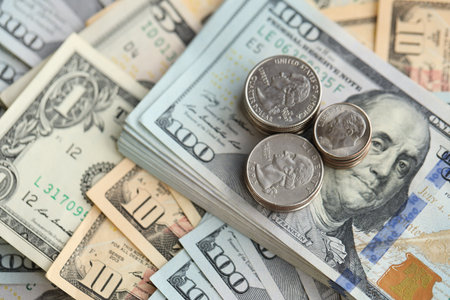 American US dollars money bills and coins close up in big amount. Financial conceptの写真素材