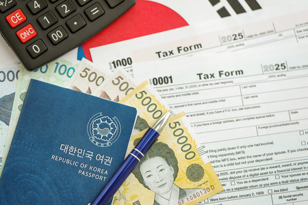 South Korean won money bills in big amount lies on table with pen, calculator, passport and tax forms close up. Taxpaying and accounting conceptの写真素材