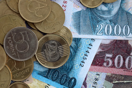 Bunch of Hungarian Forint currency money bills and coins. HUF currency banknotes and coins close upの写真素材
