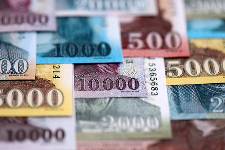 Hungarian Forints currency money bills in big amount. Many HUF currency banknotes with different denomination close upの写真素材