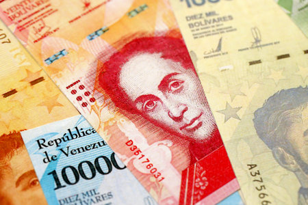 Venezuelan Bolivar currency money bills in big amount. Stack of VED currency banknotes with different denomination close upの写真素材