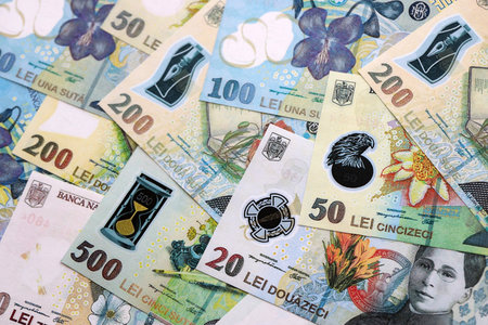 Romanian Leu currency money bills. RON currency banknotes in stack with different denomination close...