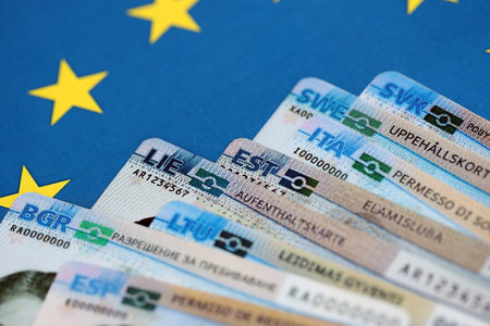 Permanent resident or residence permit cards lies on European Union flag. Paper specimen cards close upの写真素材