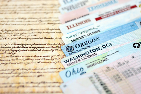 Big amount of driving licenses from different USA states on constitution page. Stack of driving license specimen cardsの写真素材