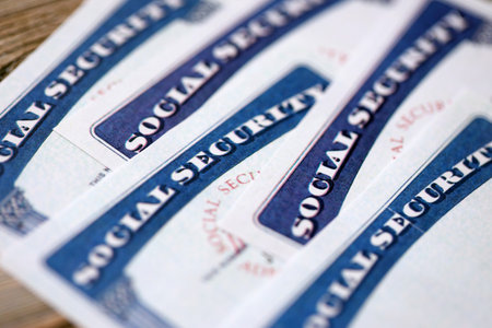 Social security number cards on brown wooden background surface close upの写真素材