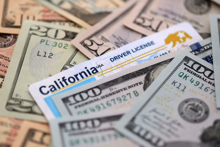 California state driving license among big amount of US dollar bills close upの写真素材