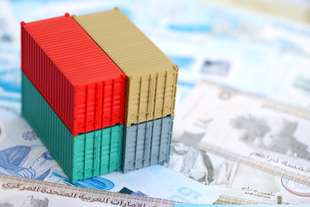 United Arab Emirates dirham currency money bills and toy cargo containers close up. The concept of...